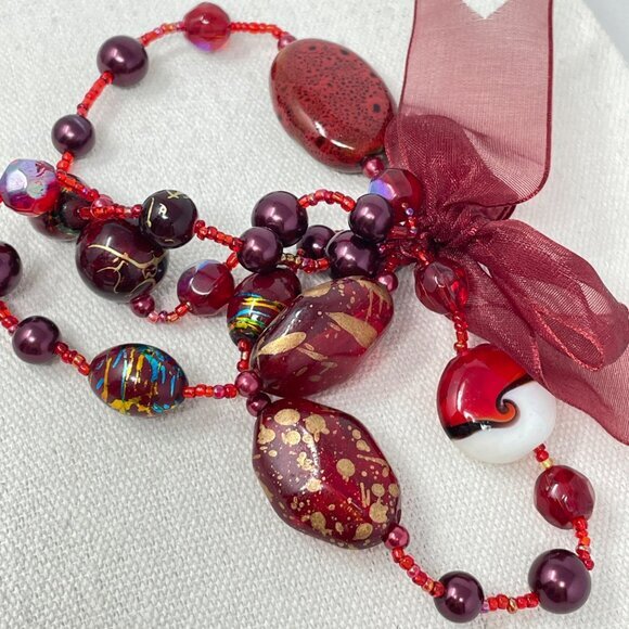 Red Stones Glass Lampwork Beads‎ Stretch Bracelet Set of 3 Valentines Gift Love - Picture 6 of 7